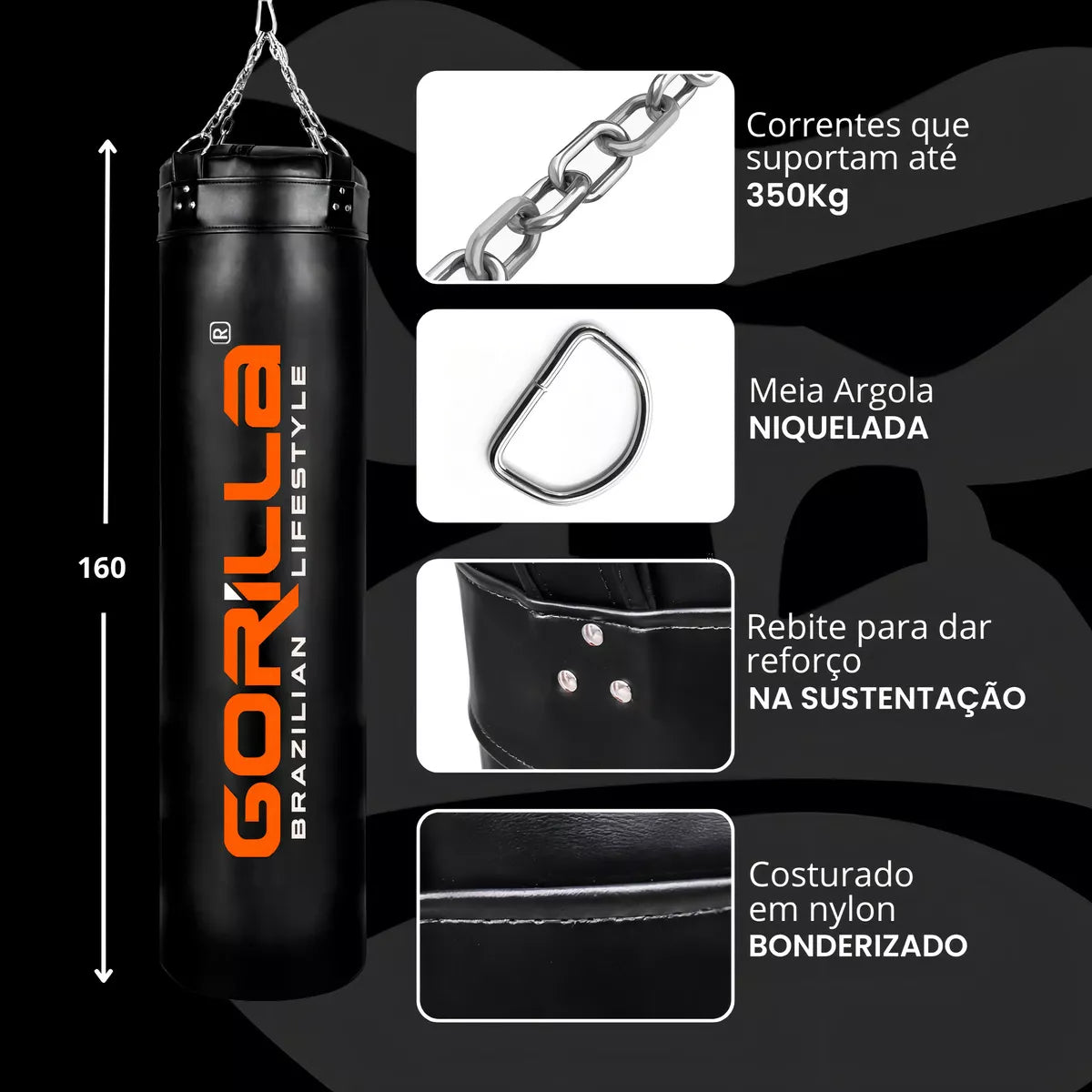 Gorilla reforçadoluta MMA saco de pancada profissional 160x100 cor negro