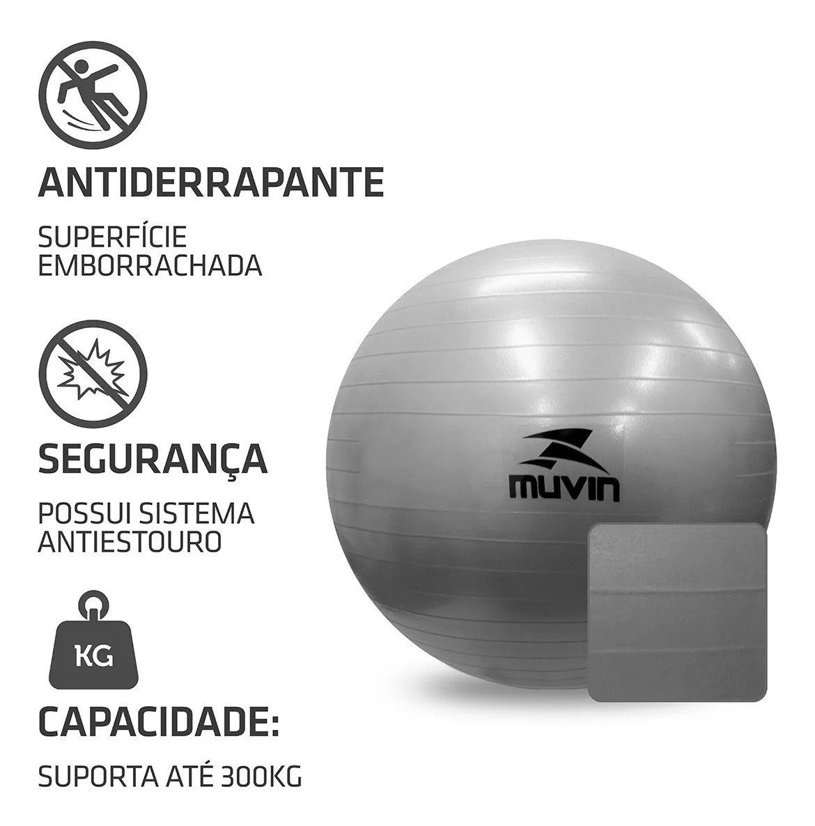 Bola de Pilates 55cm Muvin – Antiestouro – Suporta até 300kg – Com Bomba – Ginástica – Fitness – Pilates – Yoga – Fisioterapia – Flexibilidade – Fortalecimento – Tonificação – Fácil Limpeza - Cinza