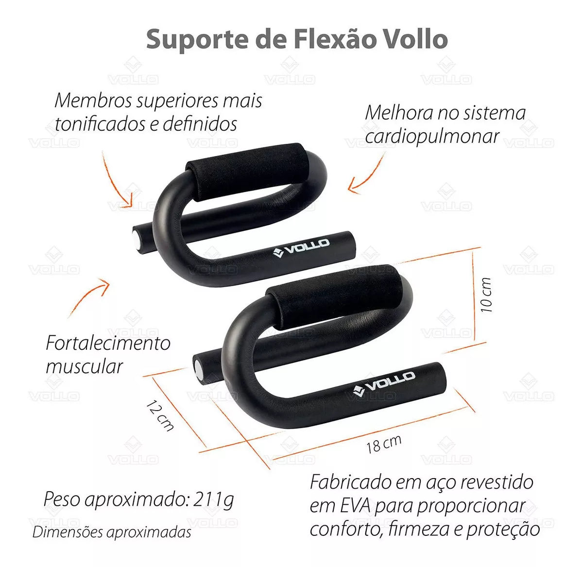 Suporte para Flexão Apoio Fixo Preto Vollo Treino Musculação Academia Calistenia Barras de Chão