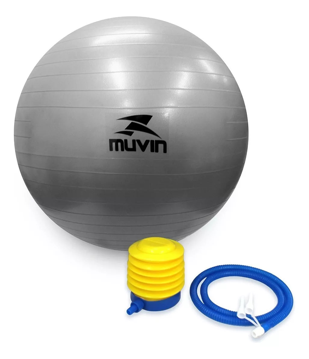 Bola de Pilates 55cm Muvin – Antiestouro – Suporta até 300kg – Com Bomba – Ginástica – Fitness – Pilates – Yoga – Fisioterapia – Flexibilidade – Fortalecimento – Tonificação – Fácil Limpeza - Cinza